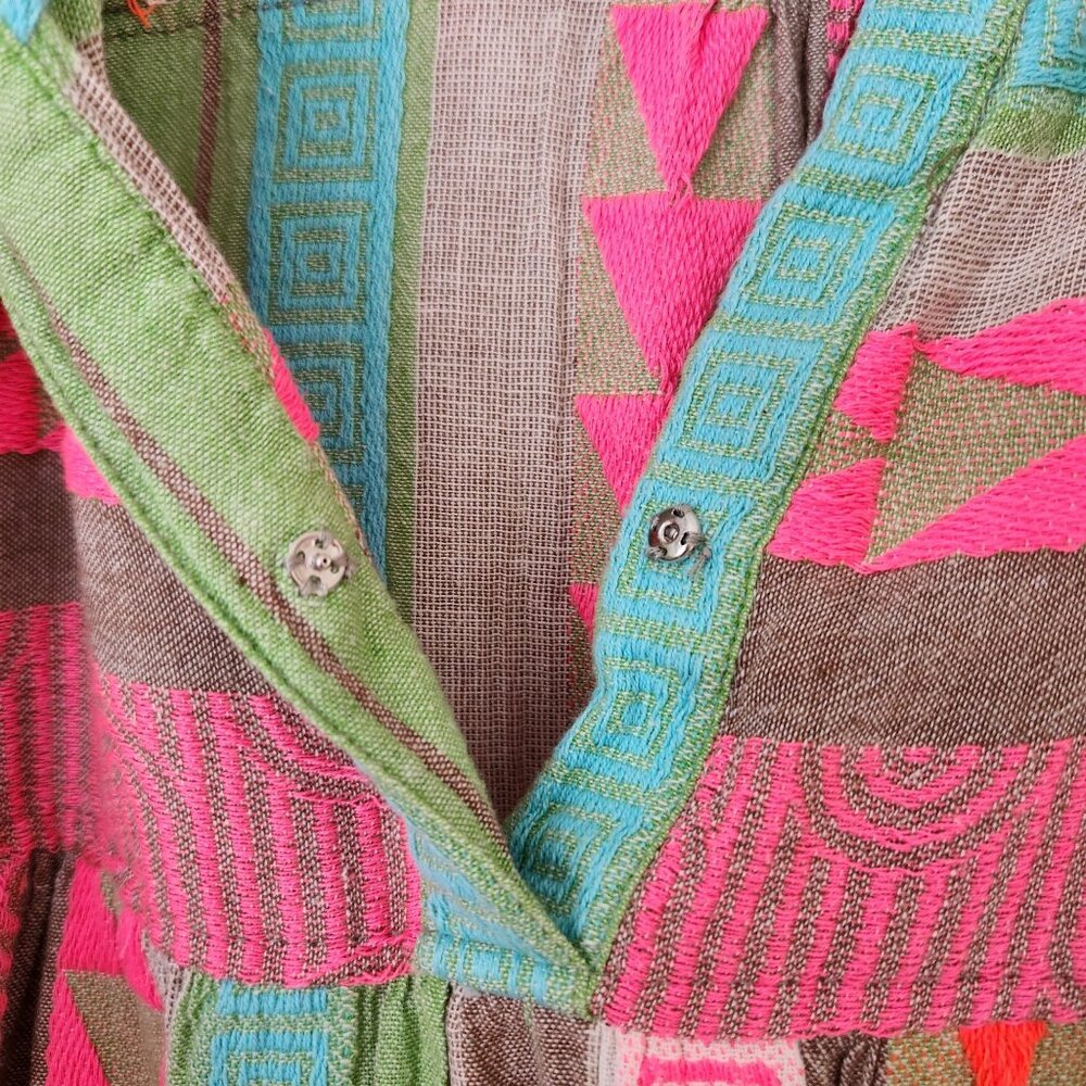 Colorful Neon Aztec Geometric Mini Babydoll Dress Bell Sleeves Summer Coquette - Picture 7 of 10